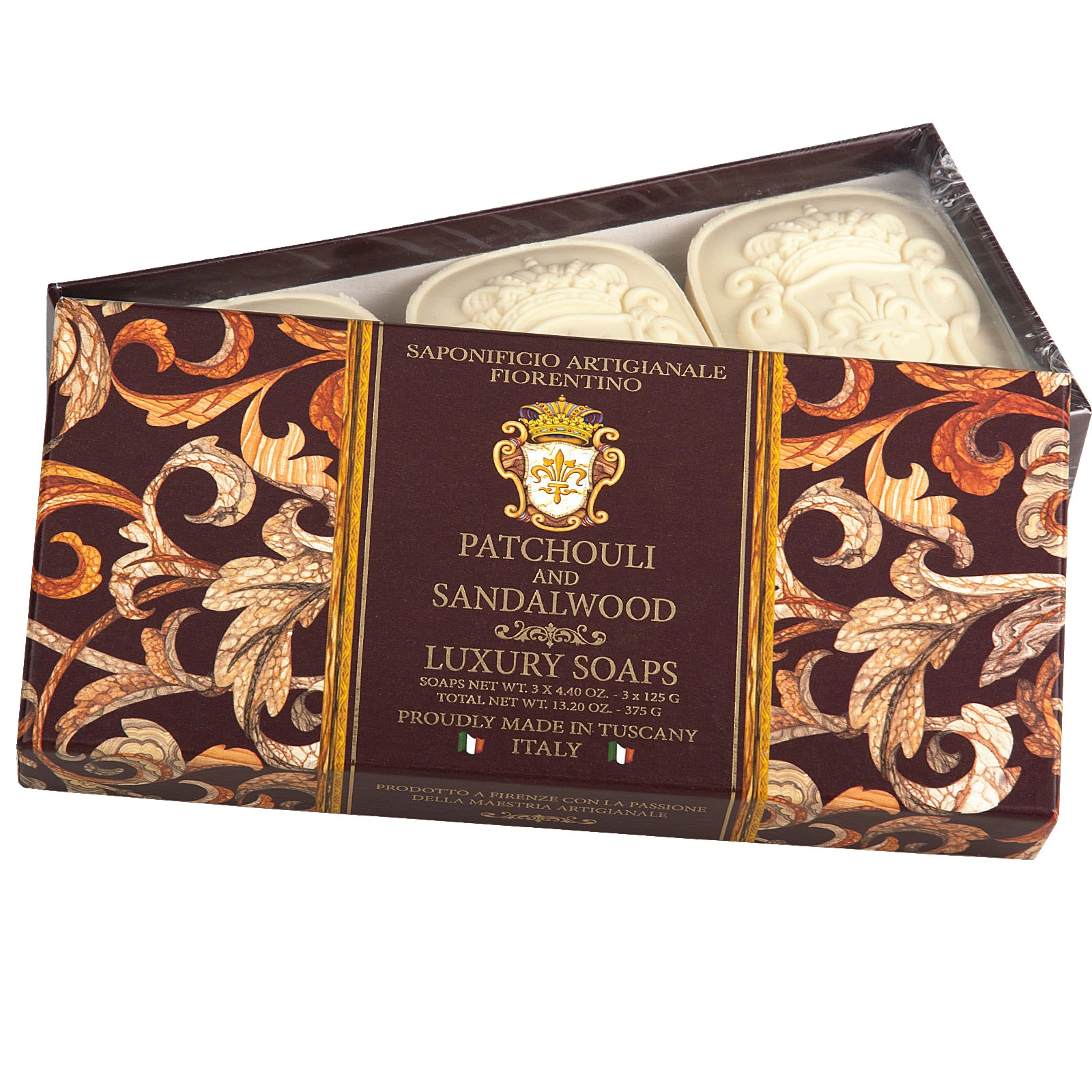 Saponificio Artigianale Fiorentino Patchouli and Sandalwood sada mýdel 3 x 125 g